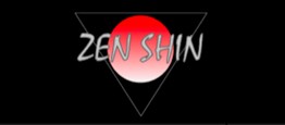 Logohintergrund ist schwarz, feines Dreieck auf dem Kopf, darauf Kreis mit Farbverlauf Rot/weiss, Schriftzug ZEN SHIN